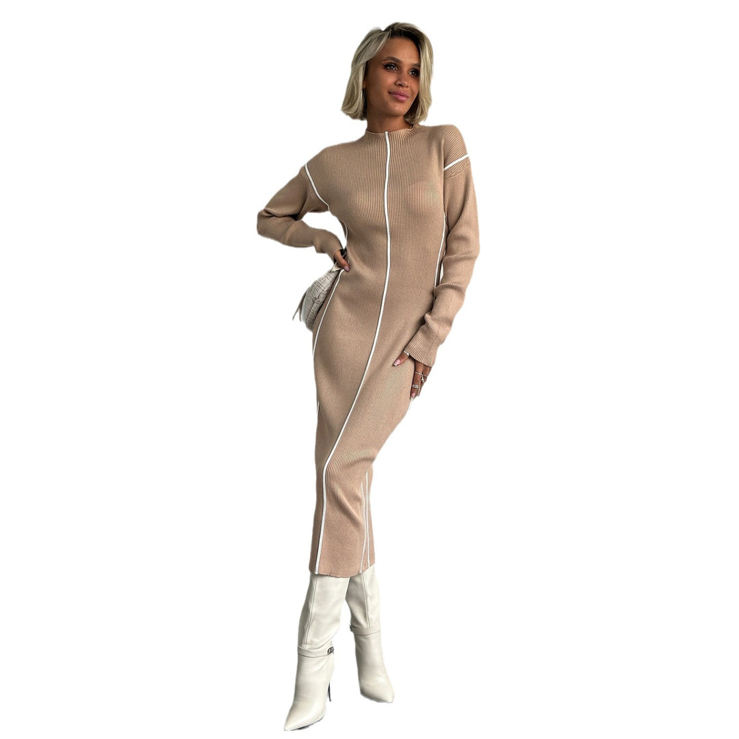 Damen schlankes Midikleid mit Stehkragen, vertikalen Kontrastnähten und Langarm-Rippstrick Shop Nory