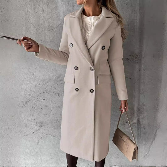 Damen Doppelreihiger Midilanger Wollmantel mit Reverskragen und taillierter Silhouette Shop Nory