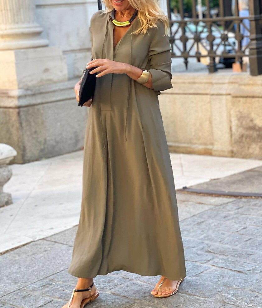 Damen Maxikleid mit V-Ausschnitt, Langärmelig, lockere A-Linien‑Silhouette und Kordelzug Shop Nory