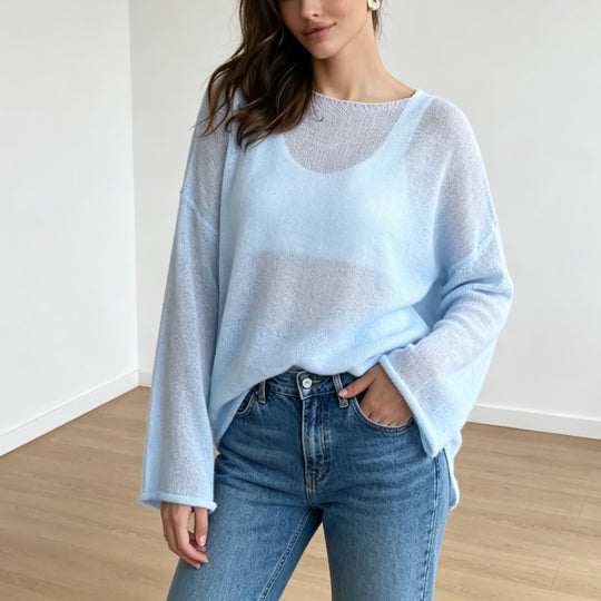 Damen luftiger Oversize-Feinstrickpullover mit weitem Arm und Rundhalsausschnitt Shop Nory