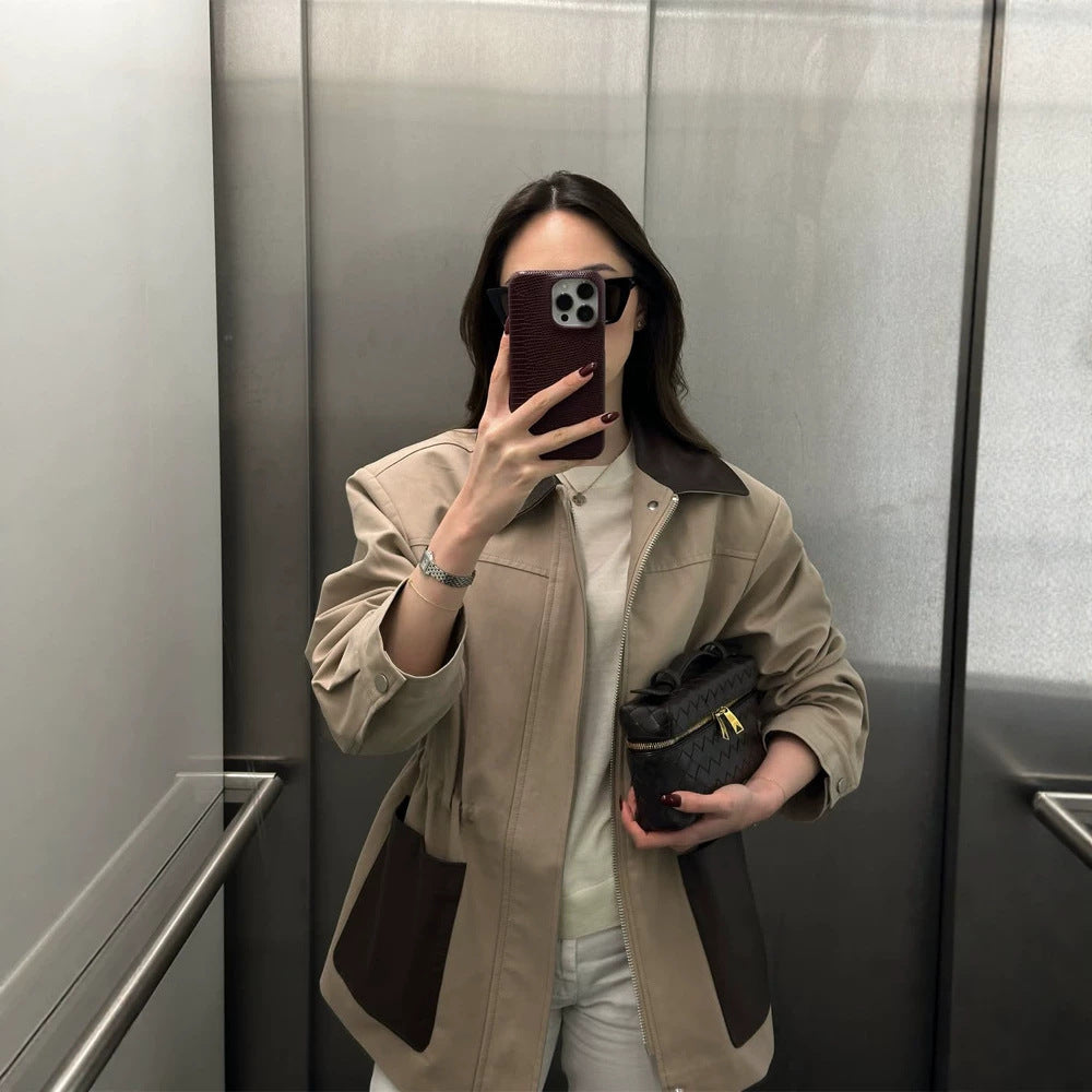 Damen Boxy-Fieldjacke mit kontrastkragen in Lederoptik und aufgesetzten Taschen Shop Nory