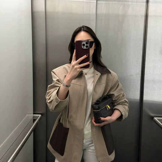 Damen Boxy-Fieldjacke mit kontrastkragen in Lederoptik und aufgesetzten Taschen Shop Nory