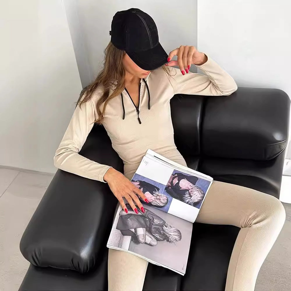 Damen geripptes Lounge-Set mit halbem Reißverschluss und hoher Taille Shop Nory