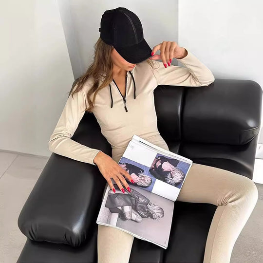 Damen geripptes Lounge-Set mit halbem Reißverschluss und hoher Taille Shop Nory