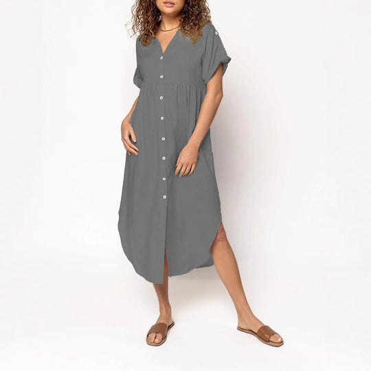 Damen Midikleid mit Knopfleiste, V‑Ausschnitt und legerer Babydoll-Passform Shop Nory