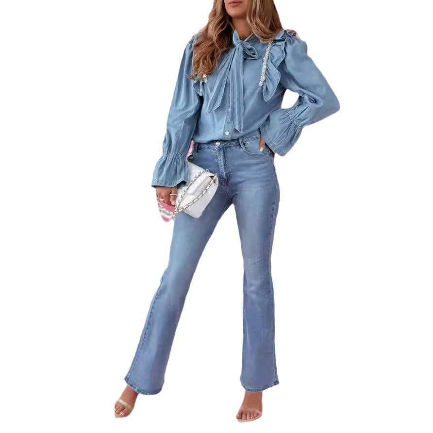 Damen Denim Hemd mit Rüschen und Schleifen-Details