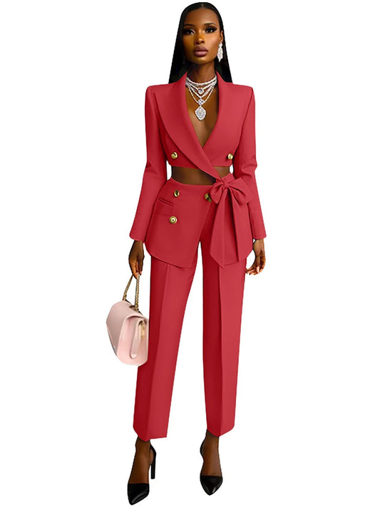 Damen Taillierter Crop-Blazer mit Zierschleife, Doppelreiher und Hochtaillierter Hose Shop Nory