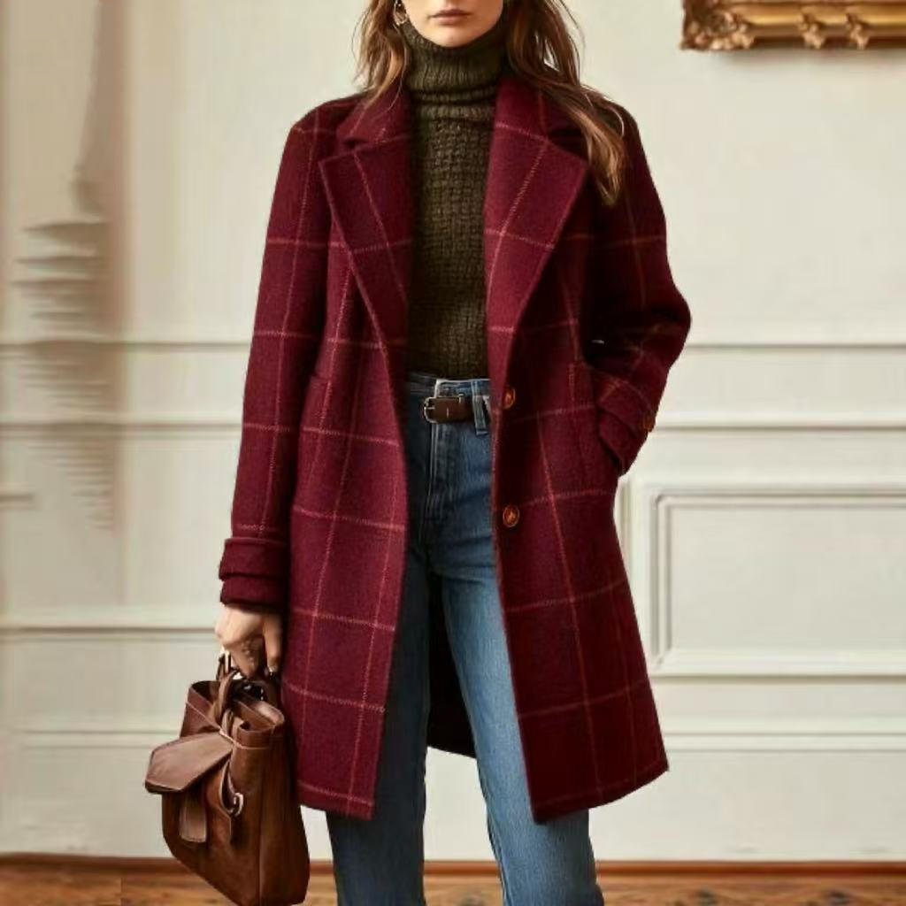 Damen Modischer Wollmantel mit Karomuster
