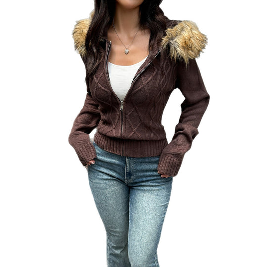 Damen nan taillierte Zopfmuster-Strickjacke mit durchgehendem Reißverschluss und abnehmbarer Kunstpelzkapuze Shop Nory