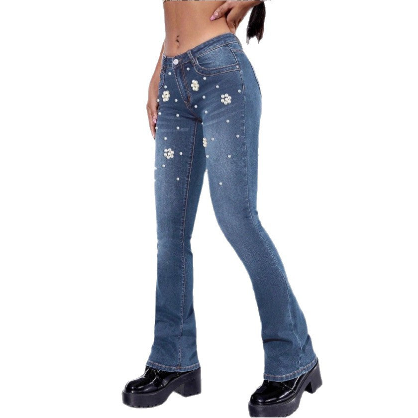 Damen schmale Bootcut-Jeans mit Perlen- und Blumenapplikationen Shop Nory