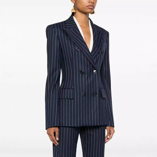 Damen Nadelstreifen Zweireihiger Blazer mit High‑Waist Schlaghose Shop Nory