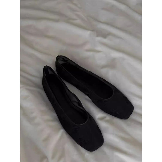 Damen Bestickte Mesh-Ballerinas mit quadratischer Zehenpartie und Rosenstickerei Shop Nory
