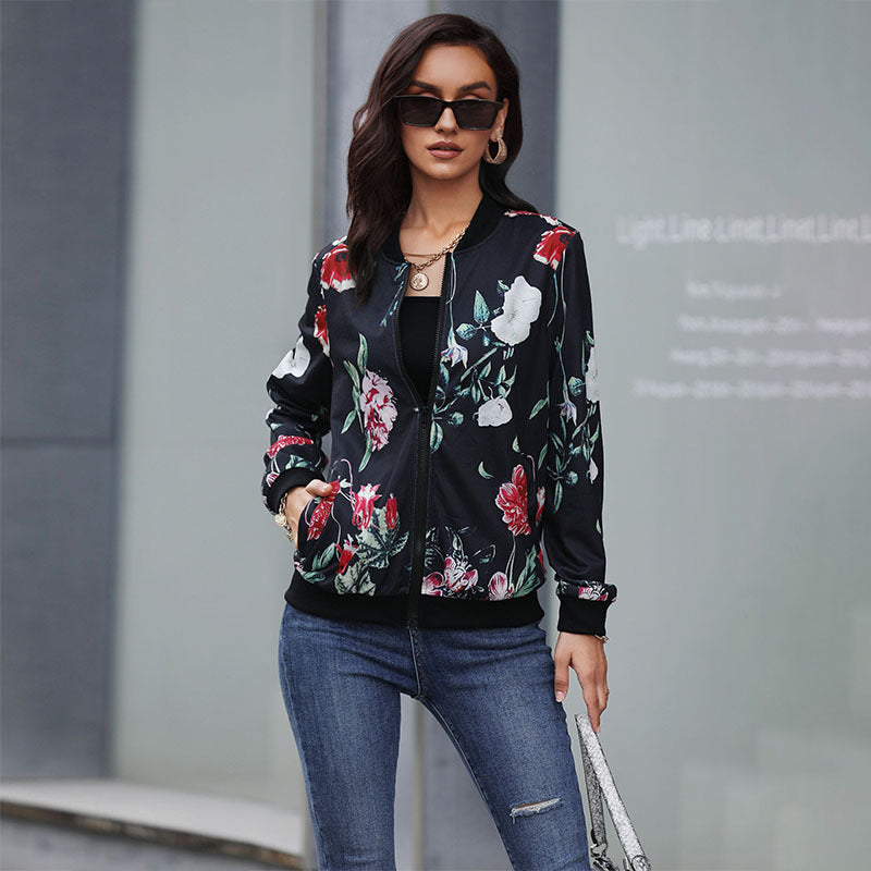Damen Blumen-Bomberjacke mit Reißverschluss, Rippbündchen und Eingrifftaschen Shop Nory