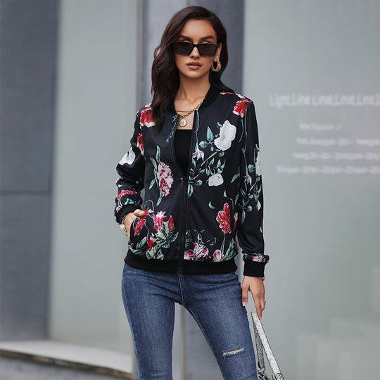 Damen Blumen-Bomberjacke mit Reißverschluss, Rippbündchen und Eingrifftaschen Shop Nory