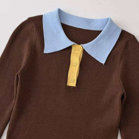 Damen Figurbetonter Rippstrick-Pullover mit Polokragen, Knopfleiste und Colorblock-Details Shop Nory