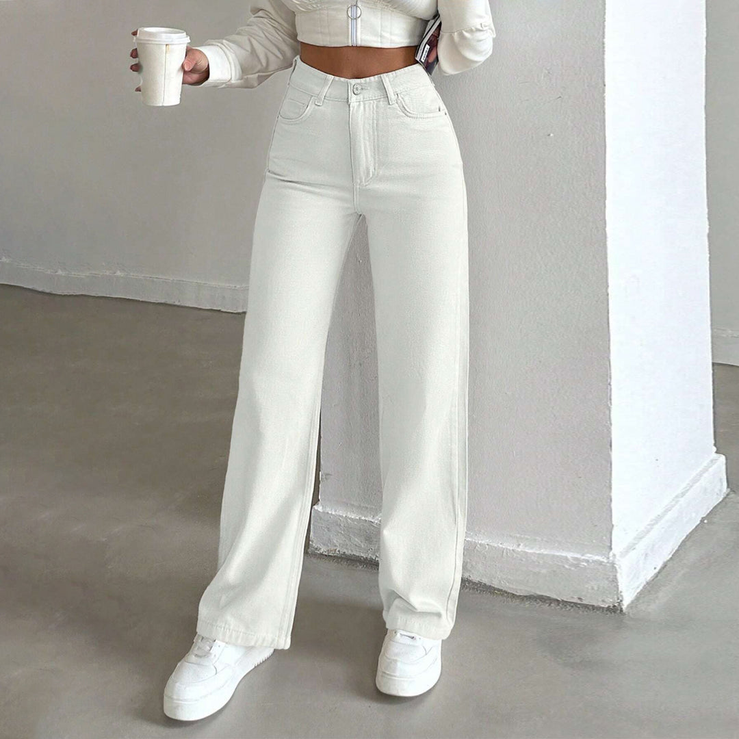 Damen Hochtaillierte weite Fünf-Taschen-Hose aus elastischem Denim mit ausgestelltem Bein Shop Nory