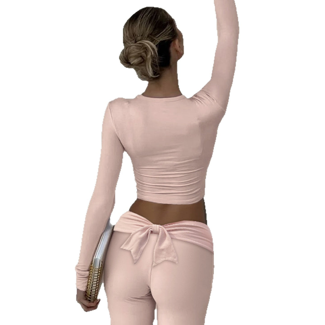 Damen nan Cropped-Longsleeve mit dekorativer Schleifenfront, V-Ausschnitt und figurbetonter Passform Shop Nory