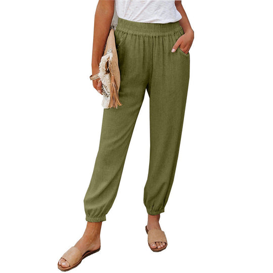Damen lässige Leinen-Hose mit elastischem Bund und Gummizug