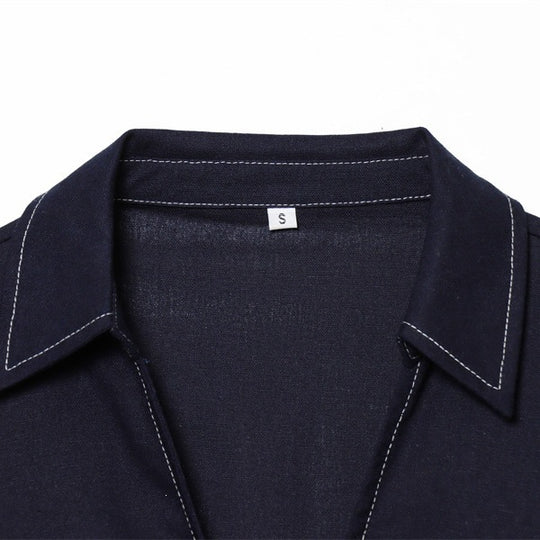 Damen Boxy‑Hemdbluse mit offenem V‑Ausschnitt, kurzem Oversize‑Arm und Kontrastnaht Shop Nory