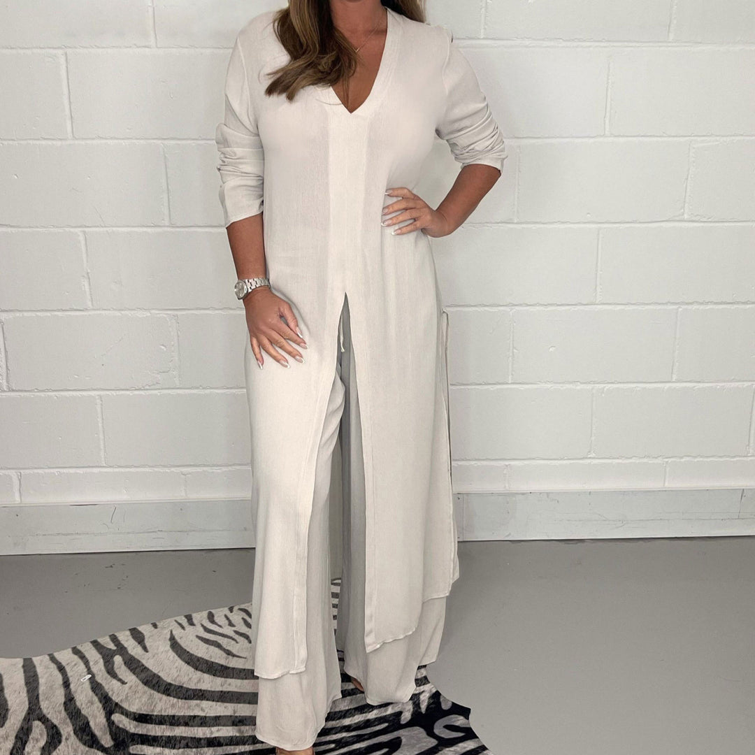Damen Langes V‑Ausschnitt Tunika‑Kleid mit Frontschlitz und weiter Palazzohose Shop Nory