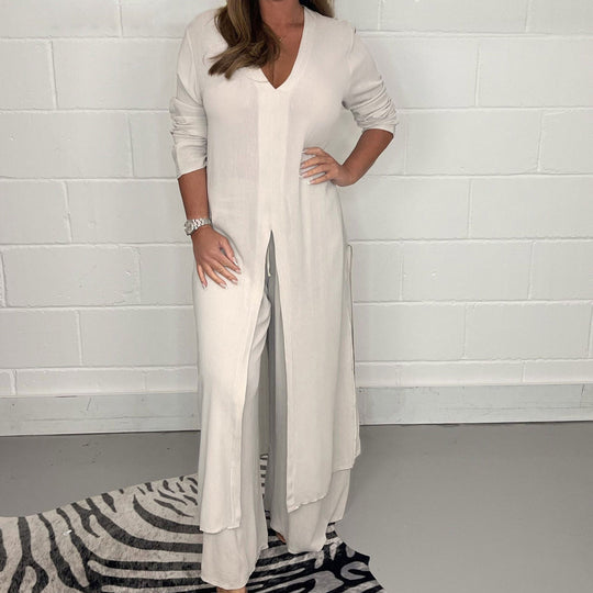 Damen Langes V‑Ausschnitt Tunika‑Kleid mit Frontschlitz und weiter Palazzohose Shop Nory