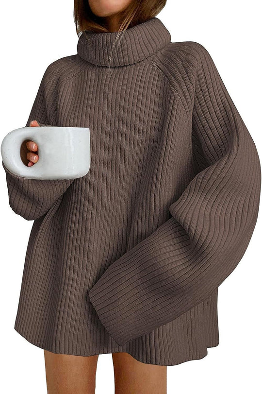 Damen Oversize Pulloverkleid aus Rippstrick mit hohem Rollkragen und voluminösen Ärmeln Shop Nory