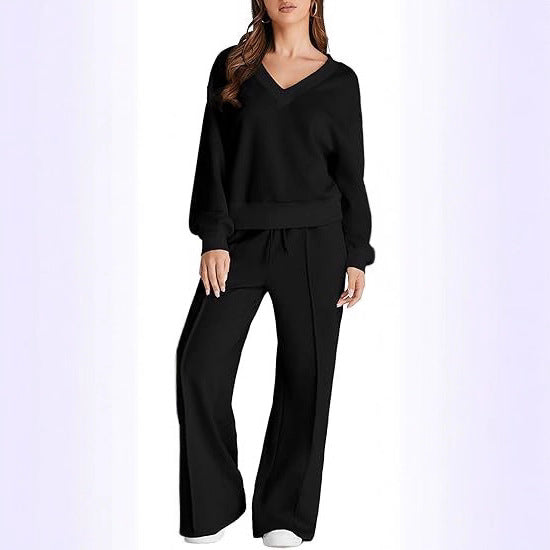 Damen Lässiges V-Ausschnitt Freizeit-Set mit weiter Jogginghose Shop Nory