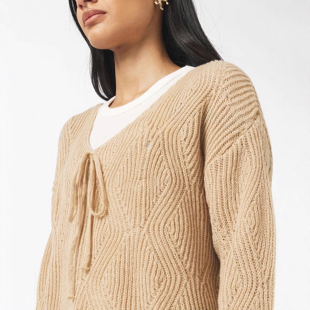 Damen Oversize Strickpullover mit V-Ausschnitt, Kordelzug und Rautenstruktur Shop Nory