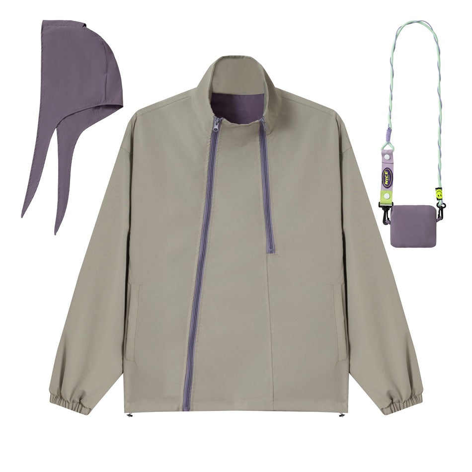 Unisex Kurz geschnittene technische Windjacke mit asymmetrischem Zwei‑Wege‑Reißverschluss, abnehmbarer Sturmhaube und Umhänge‑Minitasche Shop Nory