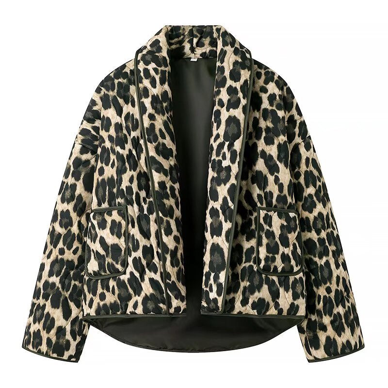 Damen Gefütterte Kurzjacke im Leopardenmuster mit Schalkragen und Paspelierung Shop Nory