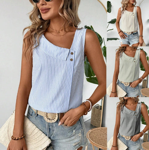 Damen Ärmelloses gestreiftes Cropped-Leinen-Top mit asymmetrischem Kragen und Zierknöpfen Shop Nory