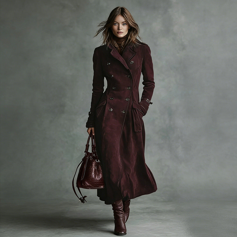Damen Langer Taillierter Trenchcoat aus Veloursleder‑Optik mit doppelreihiger Knopfleiste und Schnallenmanschetten Shop Nory