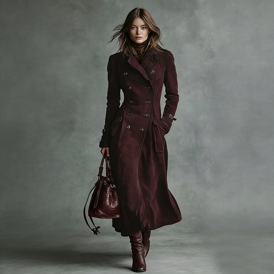 Damen Langer Taillierter Trenchcoat aus Veloursleder‑Optik mit doppelreihiger Knopfleiste und Schnallenmanschetten Shop Nory