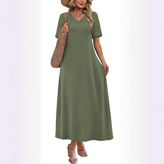 Damen Langes A-Linien-Maxikleid mit V-Ausschnitt, Kurzarm und Eingrifftaschen Shop Nory