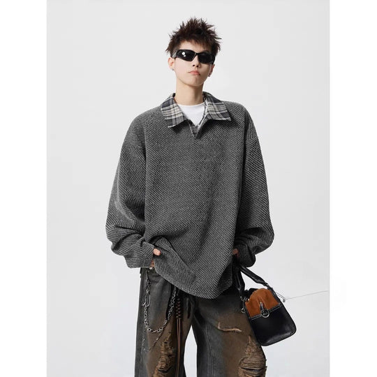 Herren Oversize Strukturiertes Sweatshirt mit Polokragen und diagonaler Strickstruktur Shop Nory