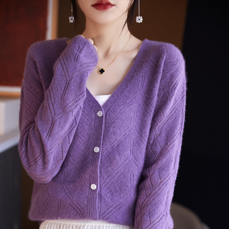 Damen Leichter Ajourcardigan mit geometrischer Lochstruktur und kastiger Kurzform Shop Nory