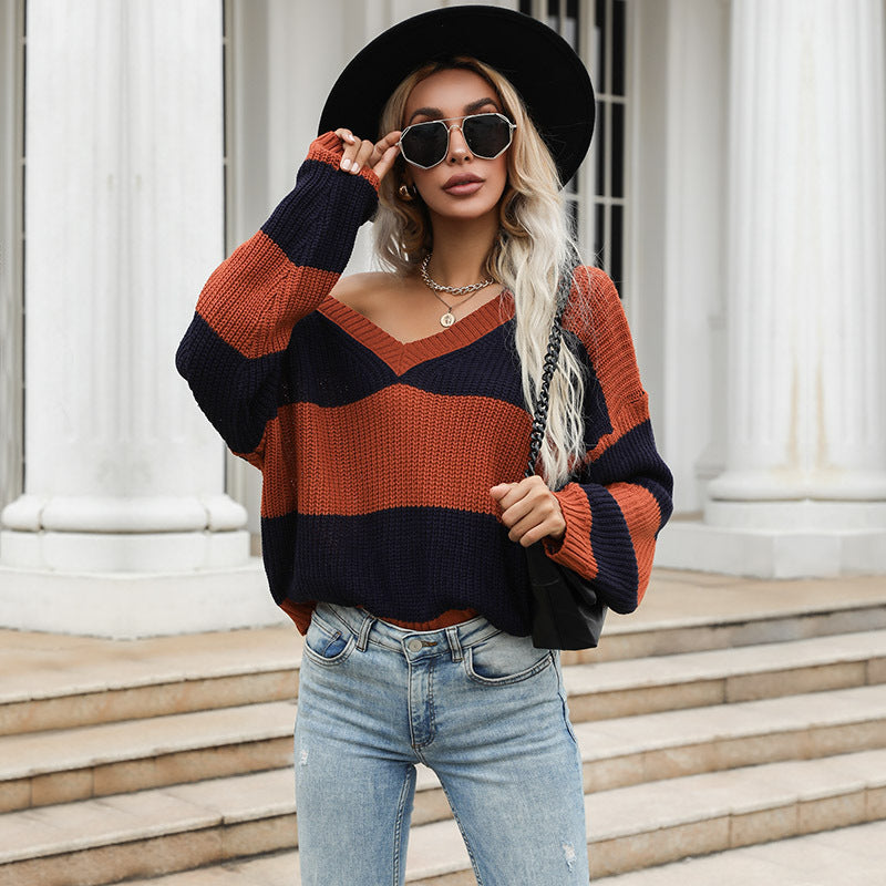 Damen Gestreifter Oversize V‑Ausschnitt Pullover im Grobstrick Shop Nory