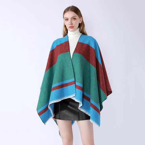 Damen Leichter Capeponcho aus Feinstrick mit geometrischem Blockstreifen-Design Shop Nory