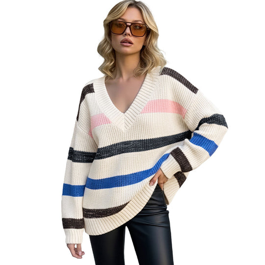 Damen Oversized Grobstrickpullover mit V-Ausschnitt und auffälligen Querstreifen Shop Nory