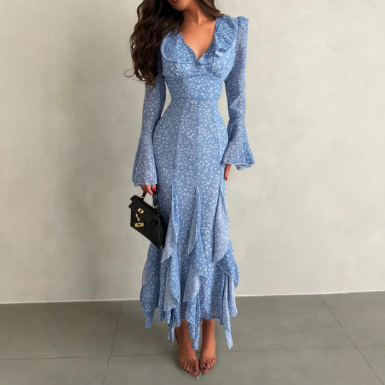 Damen Maxikleid mit V-Ausschnitt, Volantstufen und Trompetenärmeln Shop Nory