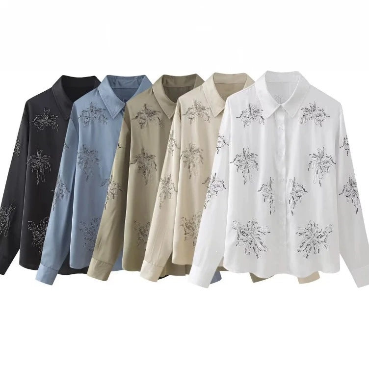 Damen bestickte Seidenoptik-Bluse mit funkelnden Kristallapplikationen und Hemdkragen Shop Nory