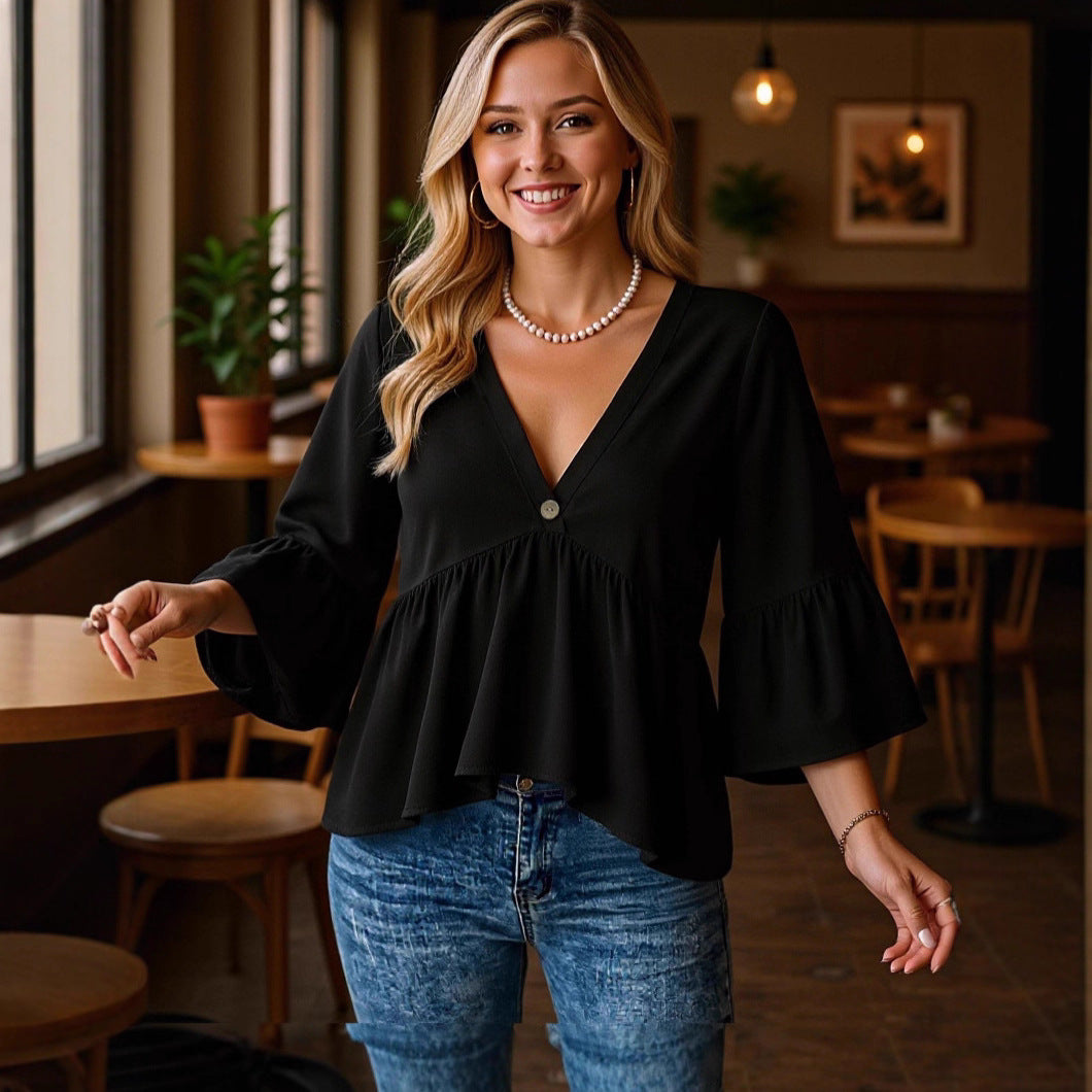 Damen Tunika‑Bluse mit V‑Ausschnitt, geraffter Empire‑Naht und Trompetenärmeln Shop Nory