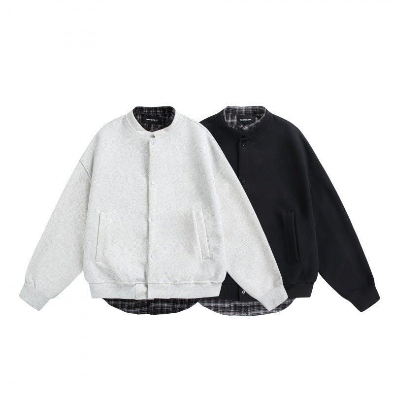 Herren Oversize-Sweatjacke im College‑Stil mit verdeckter Druckknopfleiste und kariertem Innenfutter Shop Nory