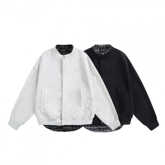 Herren Oversize-Sweatjacke im College‑Stil mit verdeckter Druckknopfleiste und kariertem Innenfutter Shop Nory