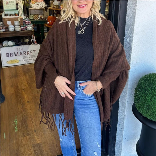 Damen vielseitiger Poncho mit Fransen