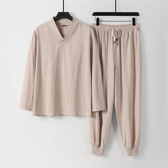 Herren Leichtes Kimono-Loungewear-Set aus Baumwollmix mit V‑Ausschnitt und elastischer Bündchenhose Shop Nory