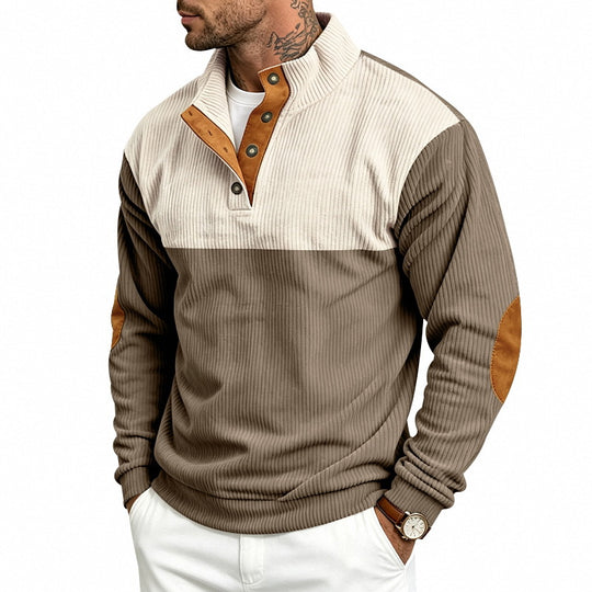 Herren Strukturierter Troyer-Pullover mit Stehkragen, Druckknopfleiste und Ellbogen‑Patches Shop Nory