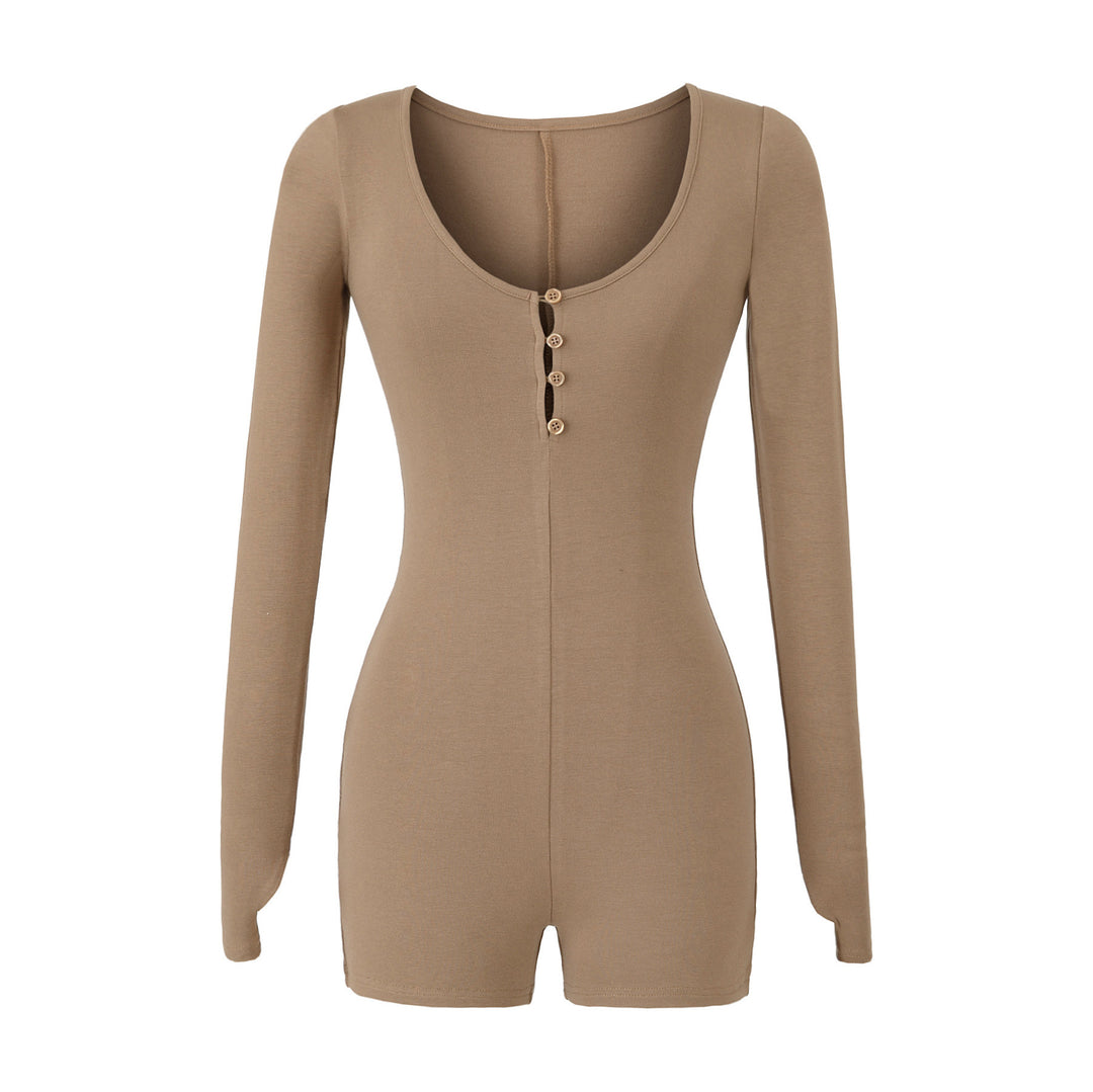 Damen Enganliegender Langarm-Body mit Knopfleiste und kurzer Shorts Shop Nory