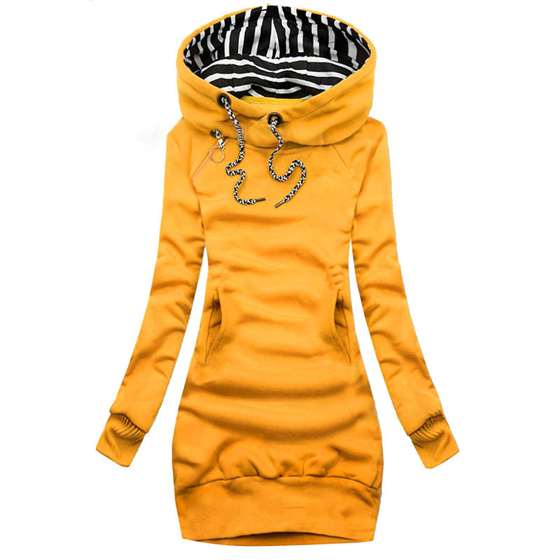 Damen Hoodie-Midi-Kleid mit weitem Funnel-Neck, gestreifter Innenseite und Kängurutaschen Shop Nory