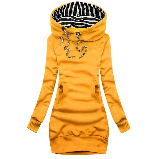 Damen Hoodie-Midi-Kleid mit weitem Funnel-Neck, gestreifter Innenseite und Kängurutaschen Shop Nory